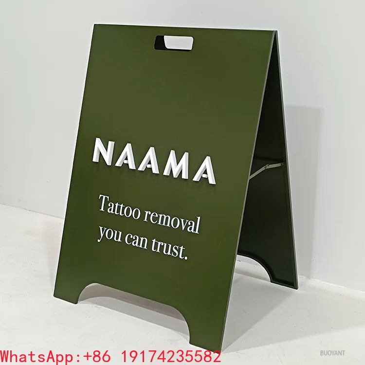 Windproof Folding Sidewalk Sign Stainless Steel Sandwich Board Pavement a Frame Sign Stand Outdoor