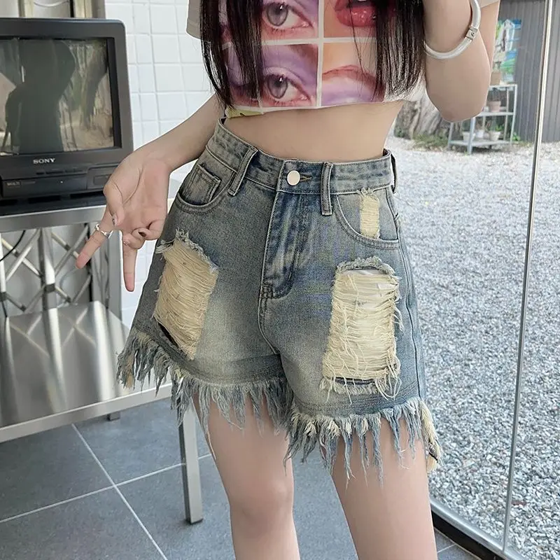 

Korean Vintage Denim Shorts Women Summer Fashion Casual High Waist Ripped Jeans Pocket Tassel Y2K Hot Pants Streetwear Trousers
