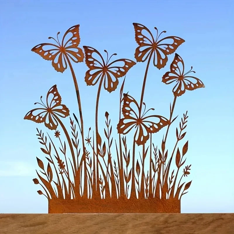 Rustic Metal Butterfly Garden Stake | Classic Rust-Colored Floral Design | Durable Outdoor Decor for Courtyard & Balcony 1PC
