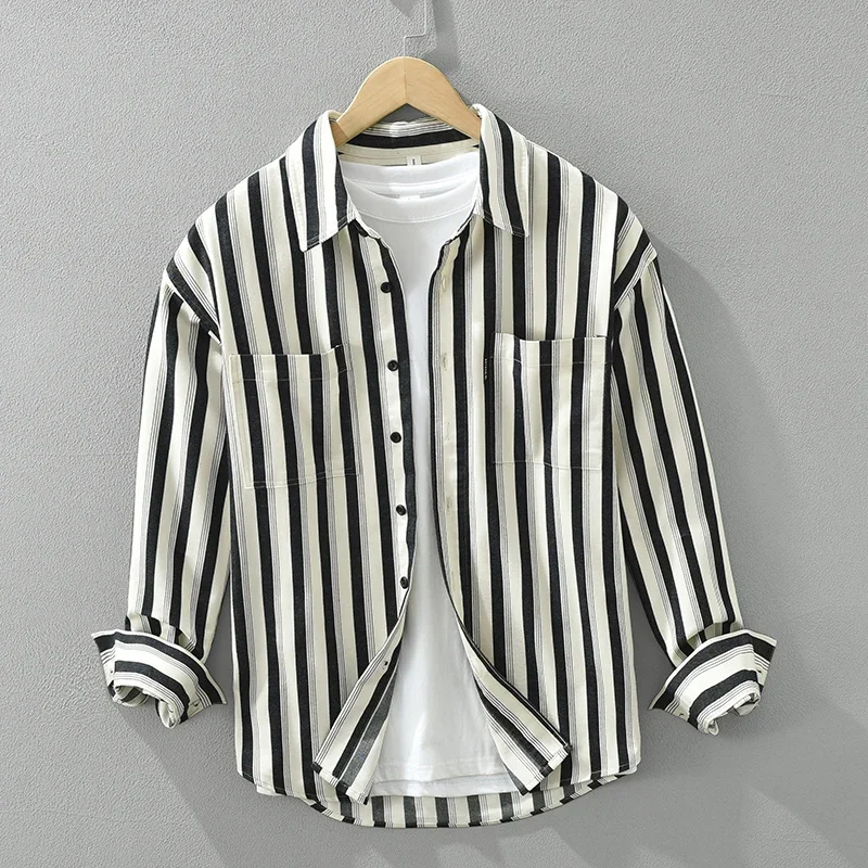 

Pure Cotton Striped Shirt Loose Shirts for Men Soft Plaid Tops Pocket Decorative Office Clothes