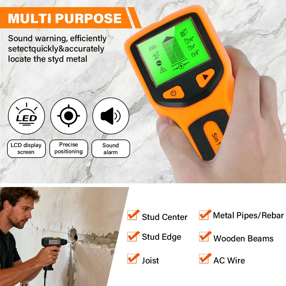 5 in 1 Handheld Digital Wall Stud Detector Wood Scanner Metal Finder for Live AC Wires Cables PVC Water Pipe