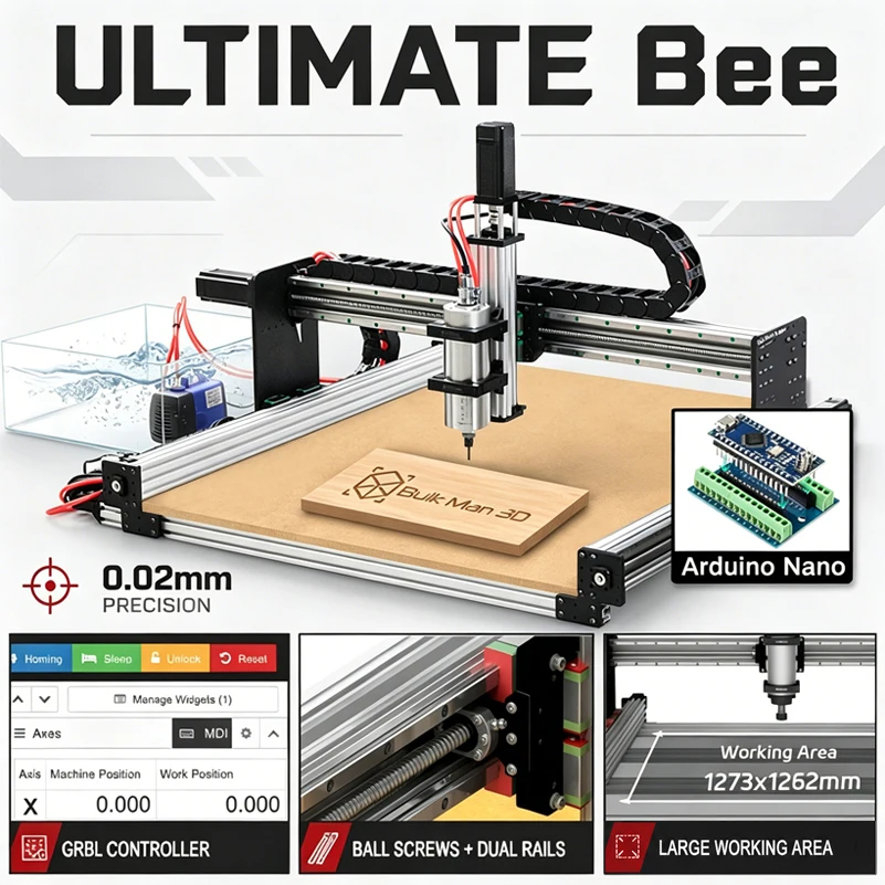 BulkMan3D ULTIMATE Bee 4-Axis CNC Router Machine Full Kit Ball Screw GRBL Linear Rail High Precision Engraver for Wood Acrylic
