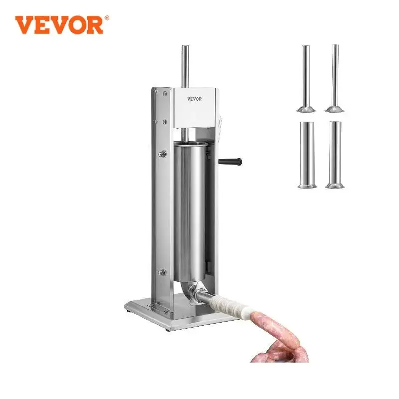 VEVOR Manual Sausage Stuffer  3 5 7 L Stainless Steel Making Sausage Vertical Maker with 5 Filling Funnels for Home Commercia