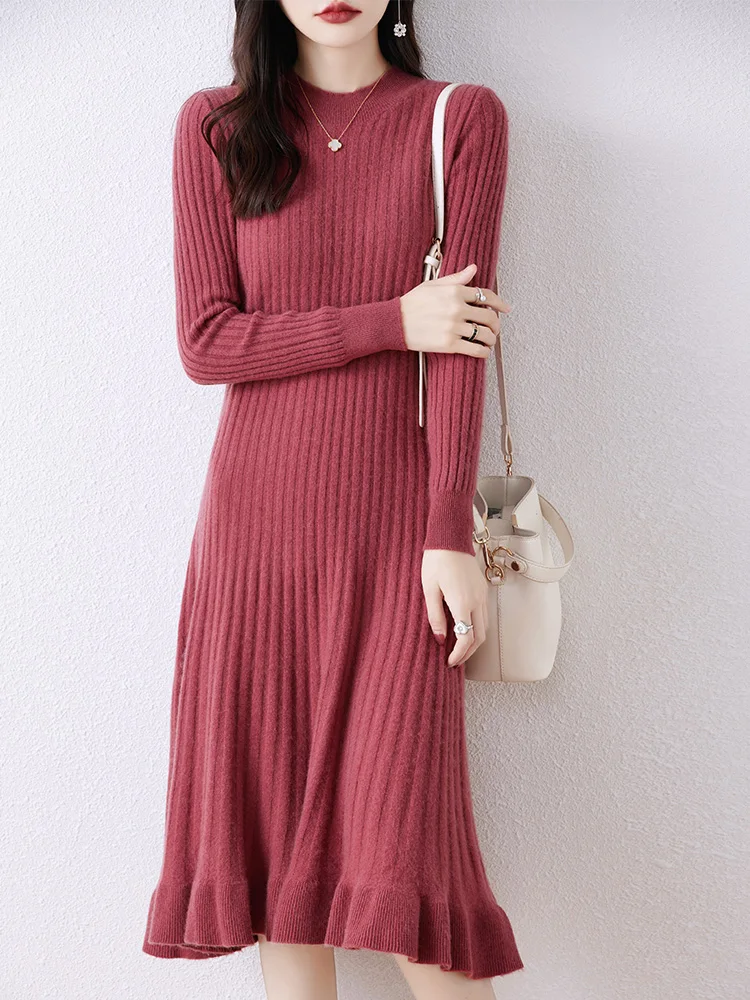 Autumn New 100% Wool Knit Dress Women's O-Neck Long Over The Knee Sweater Fashion Slim Fish Tail Skirts Knitted Pullover Skirt