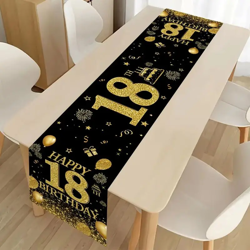 VIKAMA Birthday Table Runner Black Gold Number Dining Table Cover for 18 30 40 50 60 70 Birthday Party Home Decoration