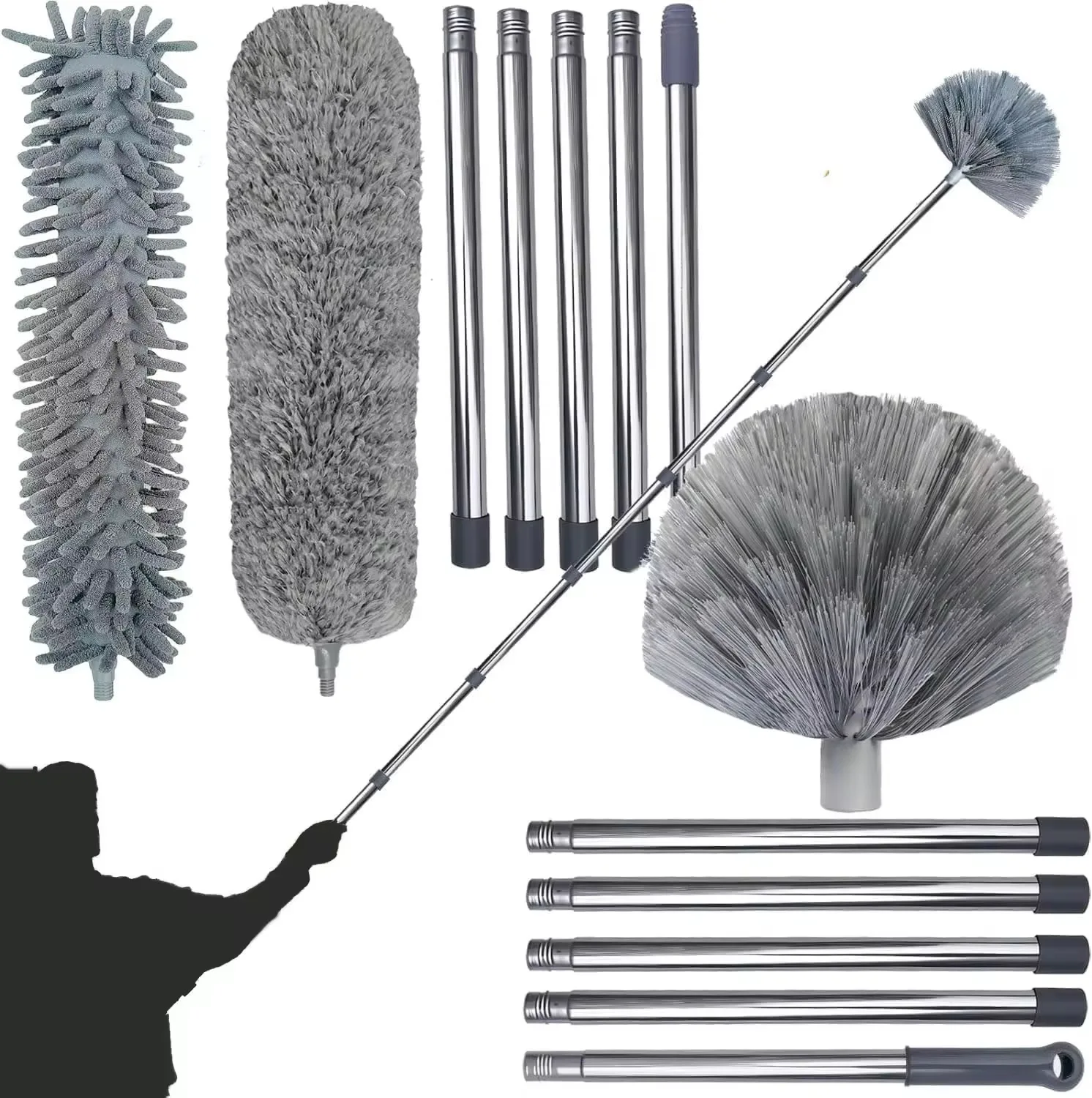 Extendable Microfiber Duster High Reach Indoor Outdoor Cobweb Ceiling Detachable SquareHead Modern Stainless Steel