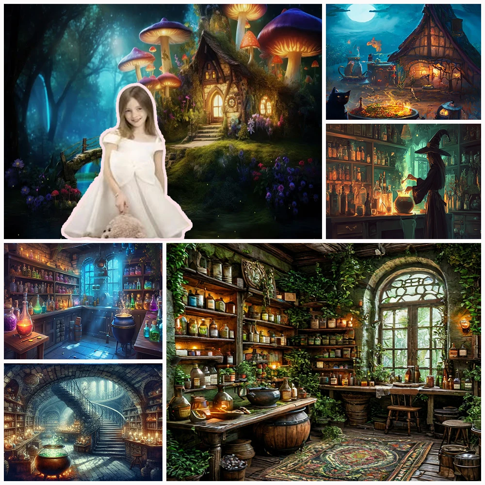 

Magic Boiler Bookshelf Background Decoration Witch's Home Retro Medieval Wizard Backdrop Banner Photography Props Baby Shower