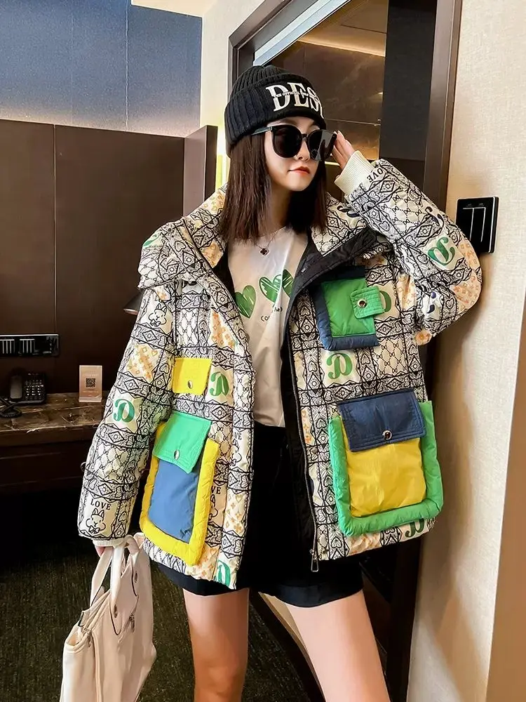 

Streetwear Printed Down Cotton Jacket Women Winter New Short Hooded Loose Thick Casual Winter Coat Female 2025