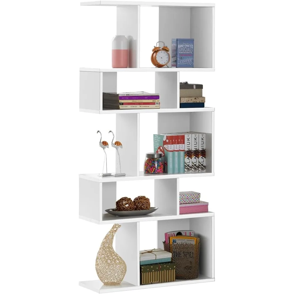 5-Tier Geometric Bookshelf White, 70'' Tall Wood Freestanding Decorative Display Open Shelves with Anti-Tipping Device