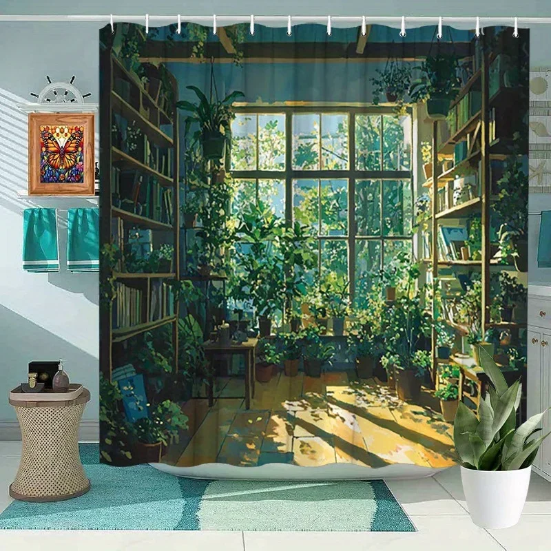 ~O~Sunlit Cozy Library Shower Curtain - Books & Plants, Inviting Literary Decor, Polyester, 70.8x70.8 Inches, 12 Hooks, Washable