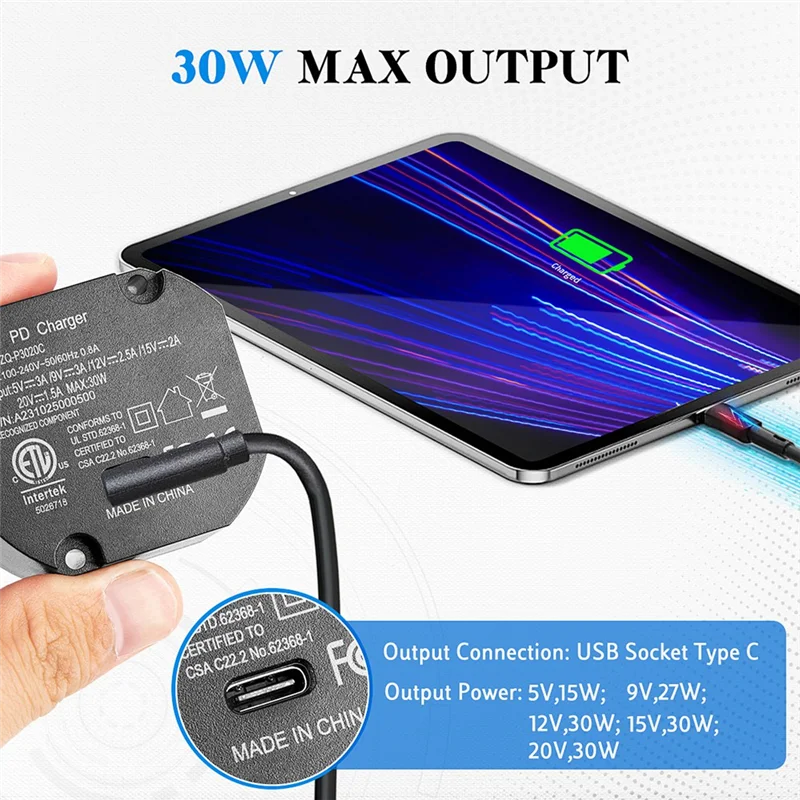 محول LICE-AC إلى USB C مزود طاقة مثبت على الحائط لأجهزة الكمبيوتر اللوحية USB-C 5-20 فولت مع شاحن مخرج 30 وات لأجهزة Ipad