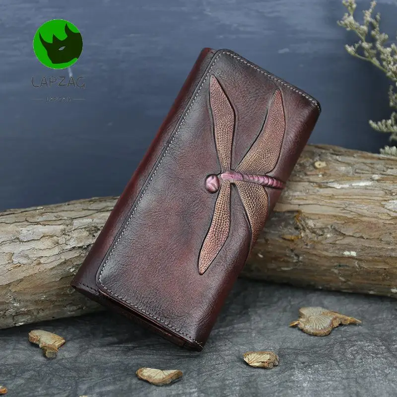 Unisex Genuine Leather Dragonfly Wallet Vintage Blue/coffee Long Card Holder Clutch Bag cowhide men's Wallets Ladies Phone Bag