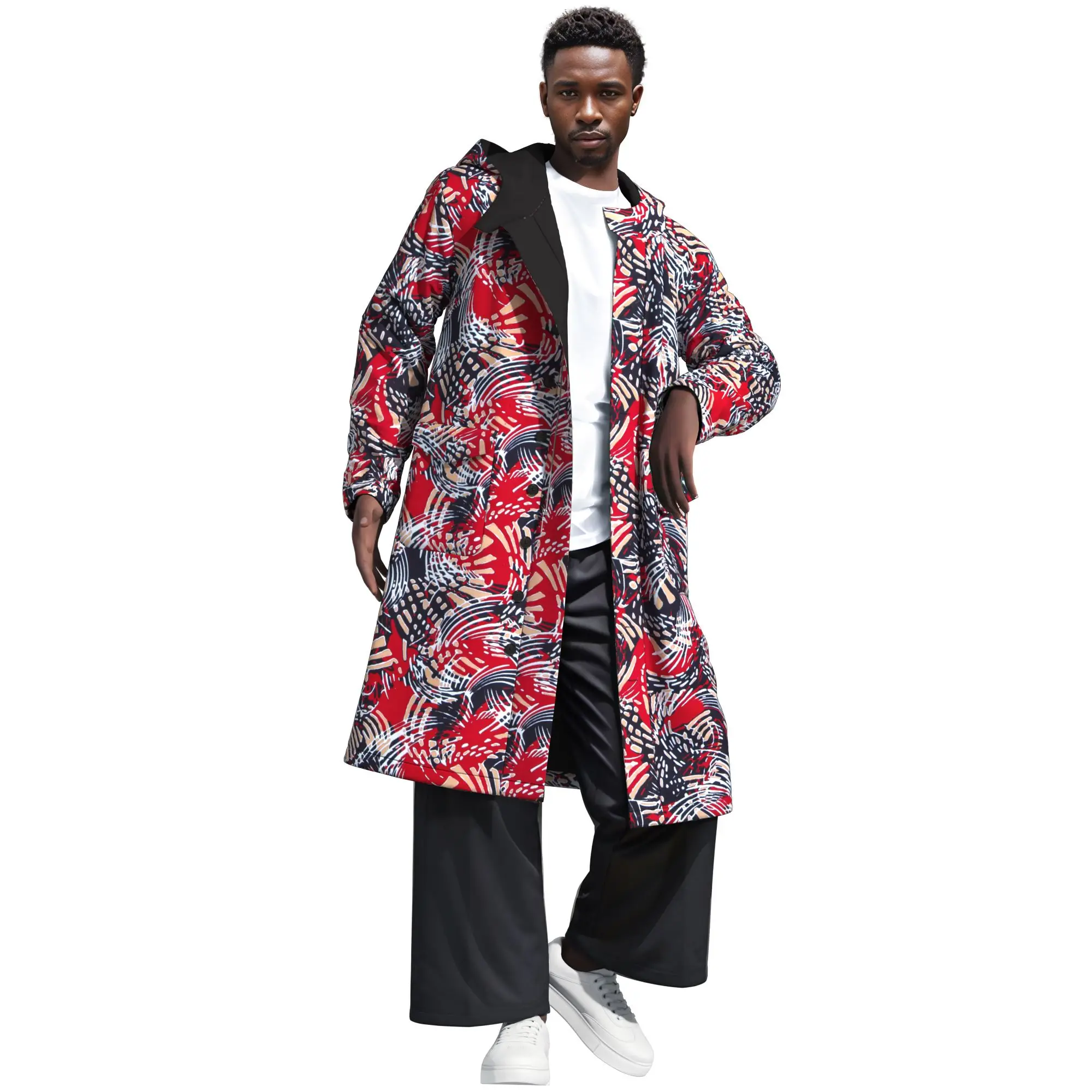 

Мужское длинное пальто с африканским принтом 2026: Модная свободная куртка-тренч с принтом WYN2323