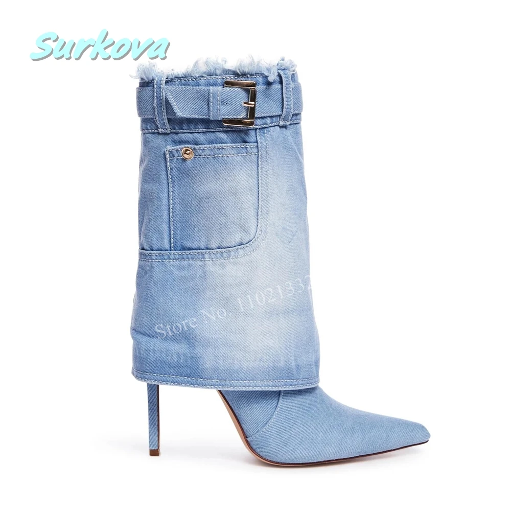 2024 Denim Buckle Mid-calf Boots Pointed Toe Solid Thin High Heel Plus Size Hot Sale Sexy Winter Women Fashion Shoes Party