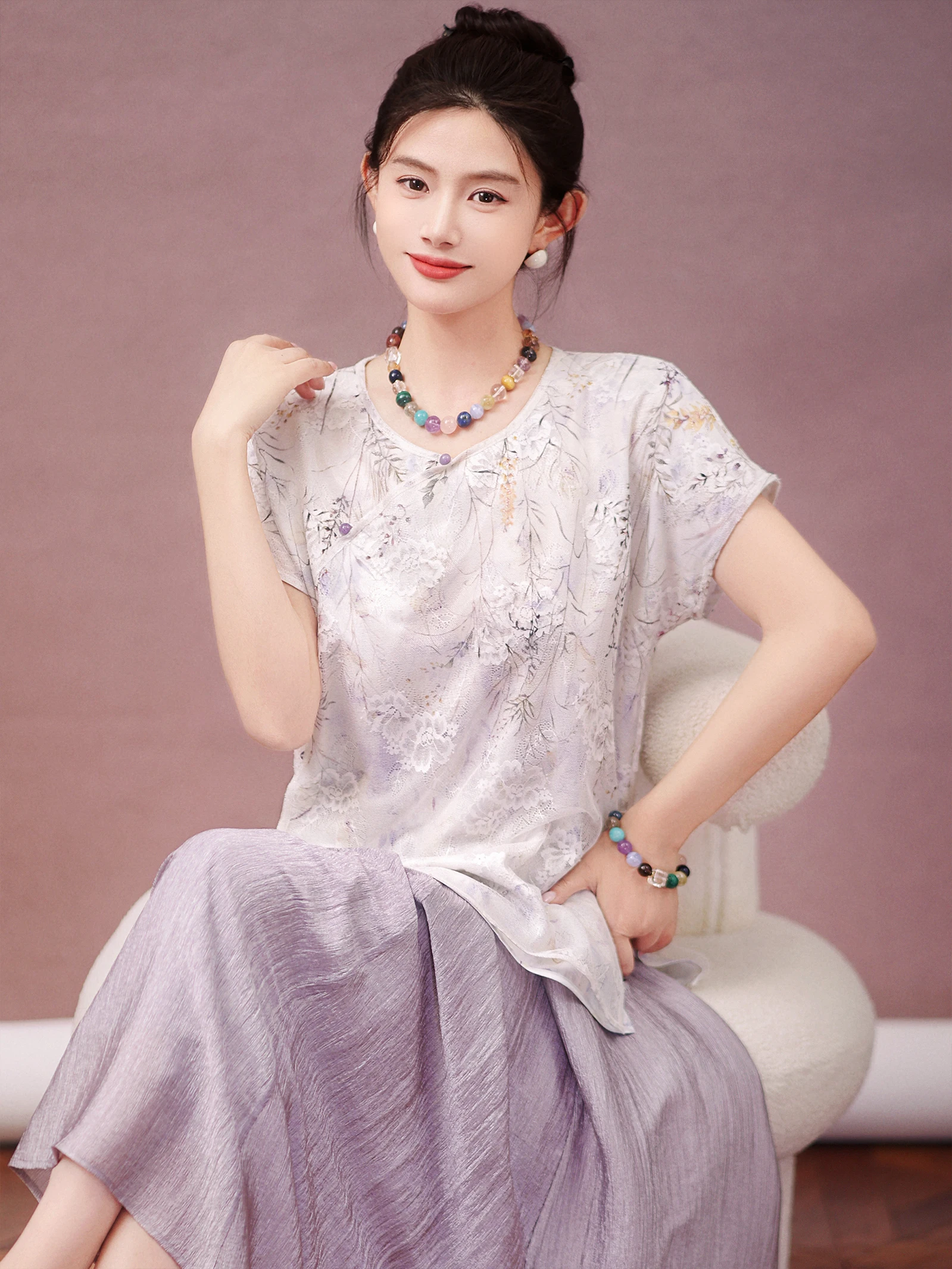 

Chic round Ne Button up Lace Print Small irt Silk Blend Lyocell Fabric Chinese Sle Women's Faion Casual Top