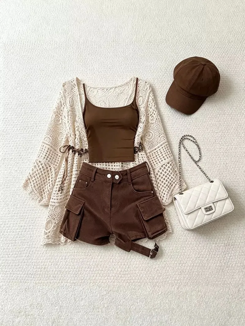 Slimming Short Pants Three-Piece Set Fashionable Cover-Up Tank Top Autumn Collection Stylish Ensemble Women's Clothing