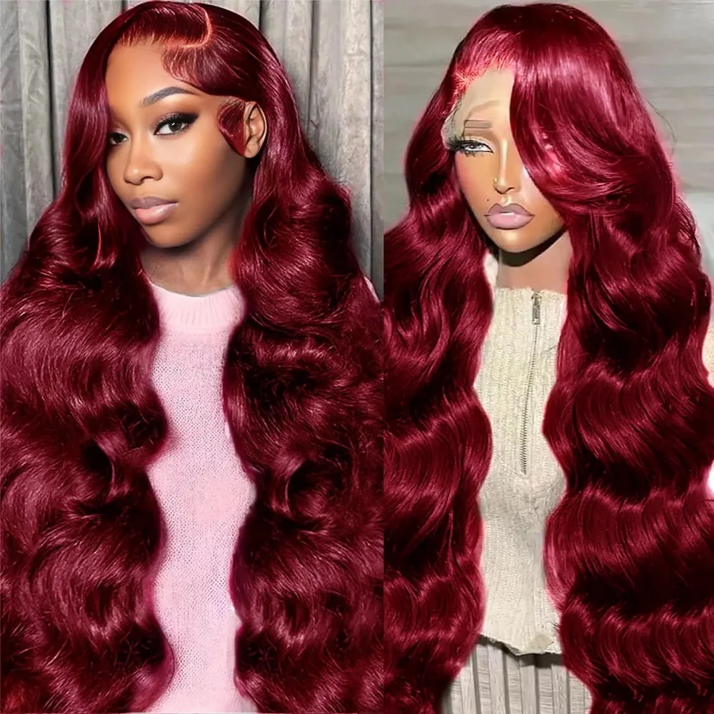 

200 Density 99J Burgundy Colored Body Wave Human Hair Wigs For Women 42 44 Inch 13x4 13x6 HD Transparent Lace Frontal Wigs