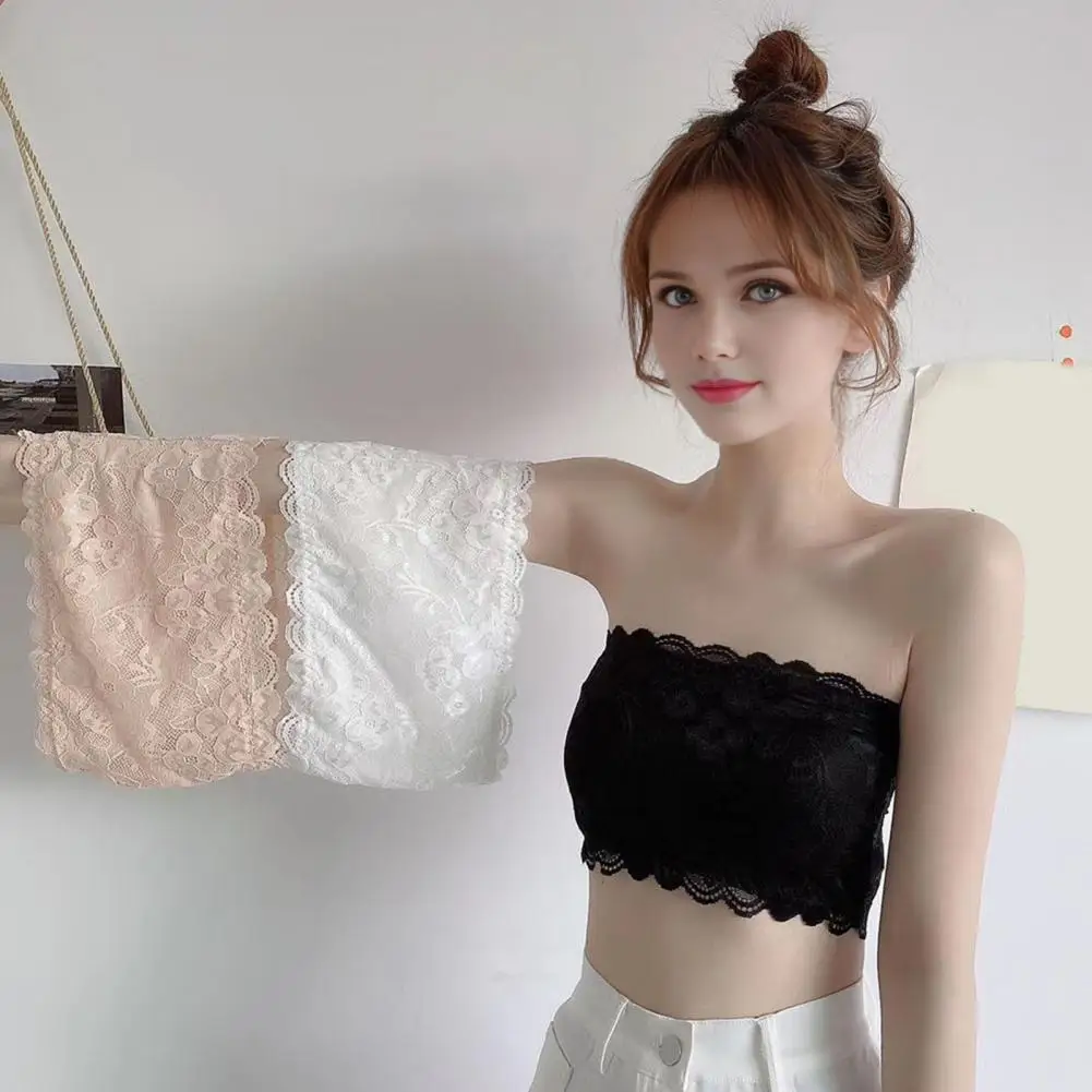 Women Bandeau Lace Tube Top Floral Lace Bandeau Bra for Women Strapless Tube Top Bralette Stretchy Chest Wrap Crop Top for Girls