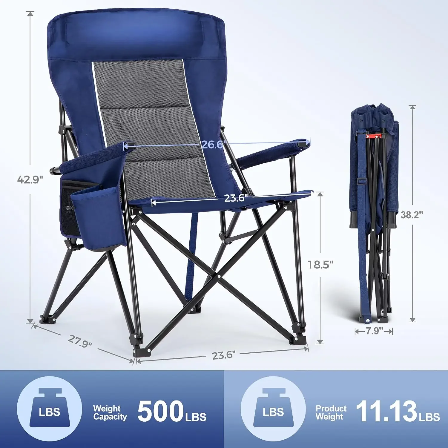 Oversized Camping Chairs High Back Lawn Chair 2 Pack(Blue)500LBS | Heavy Duty Portable Collapsible Chair with Cup Holder, Side