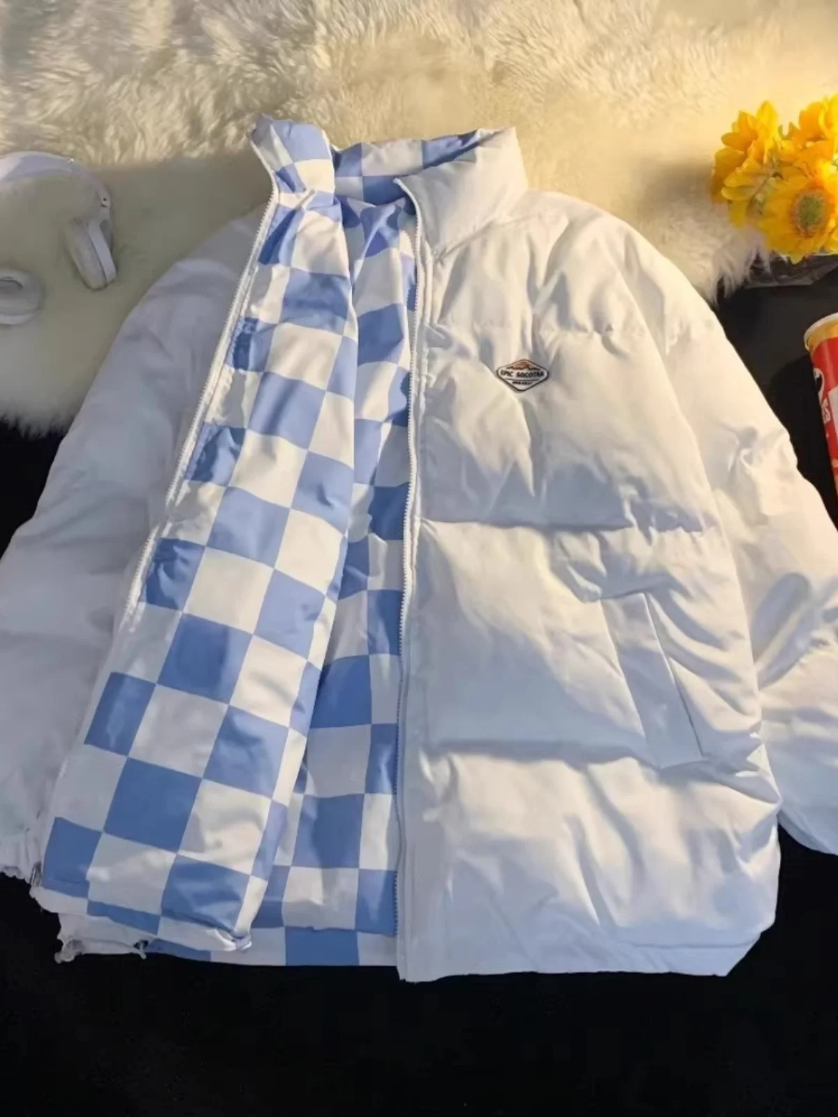 

Double-Sided Wear Thiened down Cotton Jaet Men's Winter Oversize Plaid Couple Bread Sle Cotton Coat Youth Casual Loose Fit