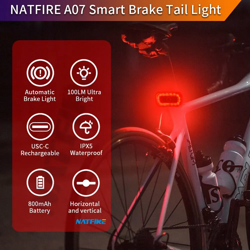 NATFIRE A07 Smart Bike Tail Light Brake Sensing Rear Lights Auto on off USB C Rechargeable Safety Warning Cycling Lights