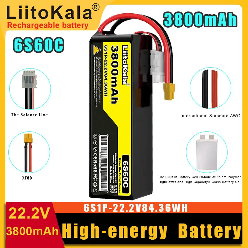 LiitoKala22.2V 6S High-energy Rechargeable Lipo Battery 3800/4200/5000/6000/7800/ 10000mAh for FPV Drone Airplane RC Parts Hobby