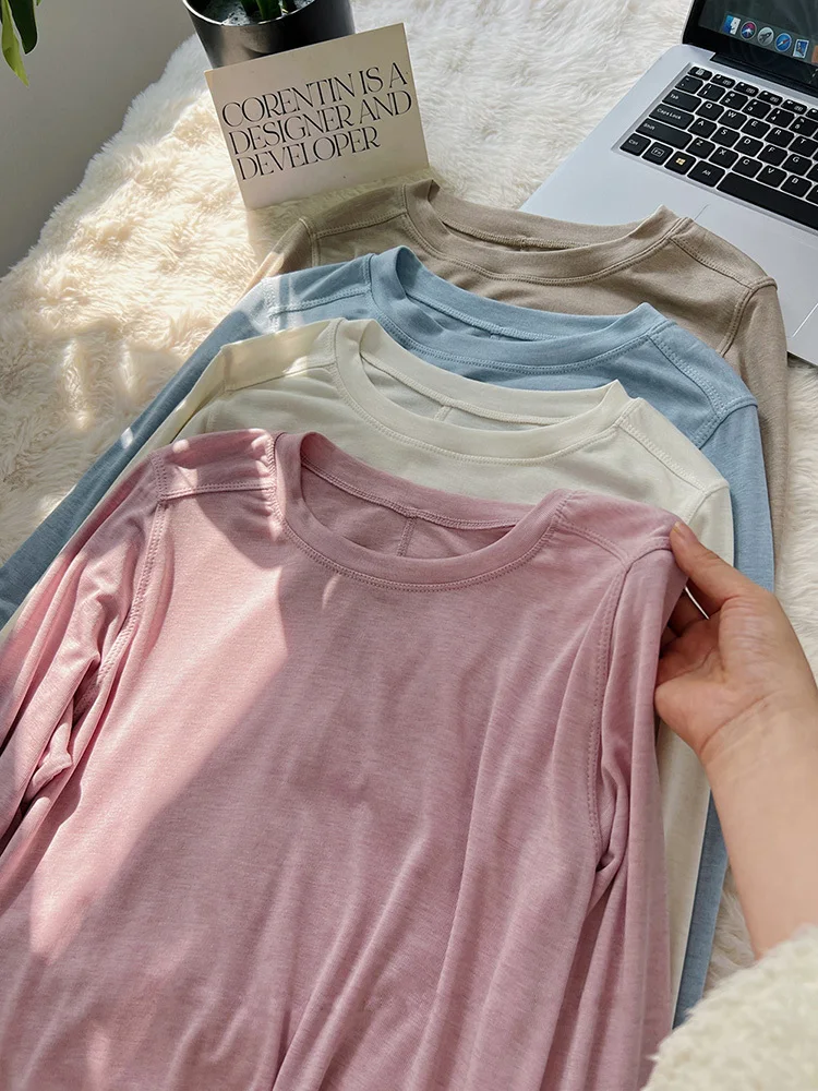 

Женская футболка из лиоцелла и шерсти, корейский стиль, мягкая, с круглым вырезом, однотонная, с длинным рукавом