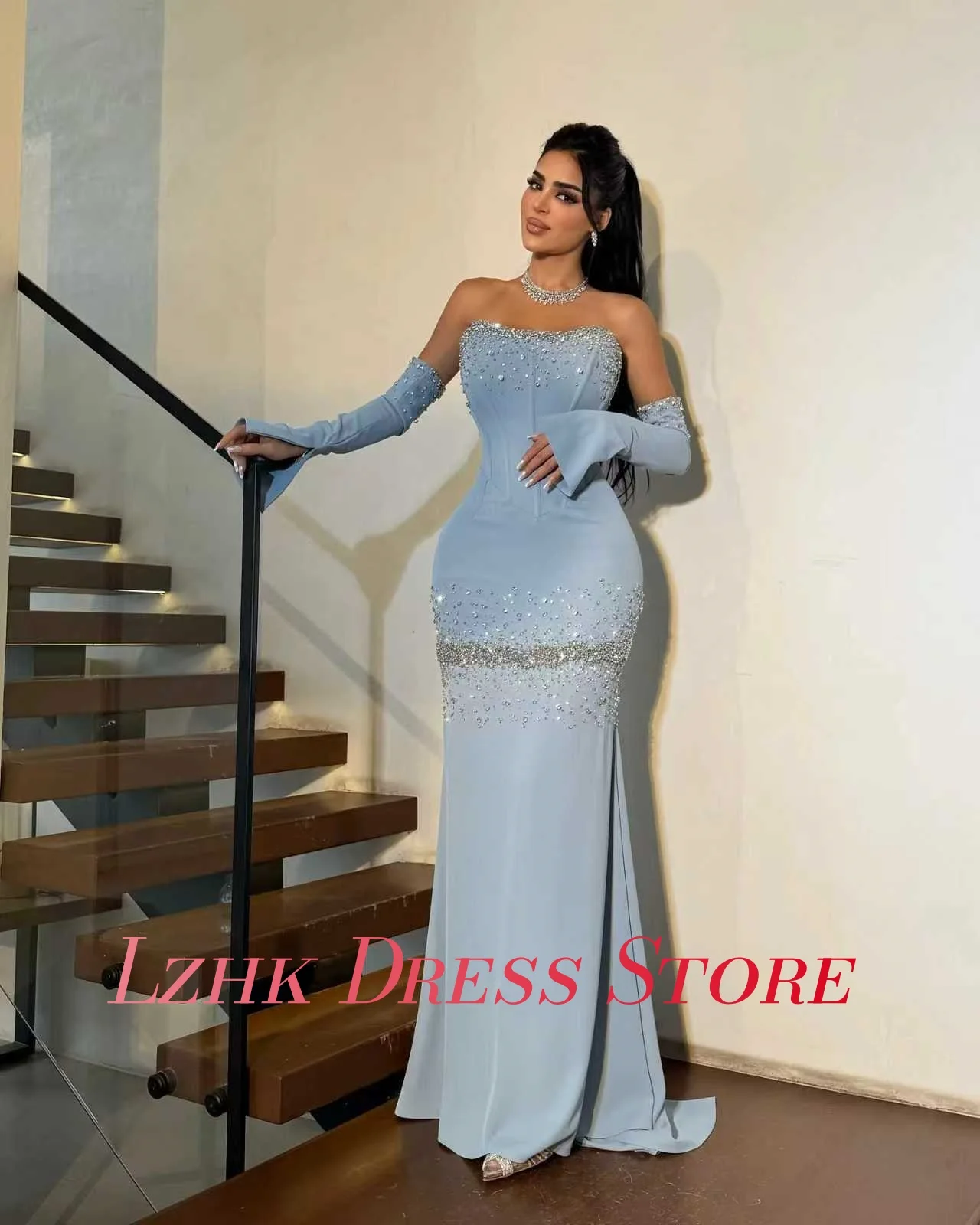 Robe de soirée de forme sirène, Jersey de luxe personnalisé, rubans en cristal, sans manches, sans bretelles, longueur au sol, robes de soirée