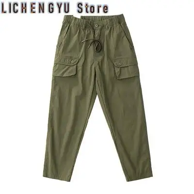 Summer New American Retro Lightweight Woven Cargo Pants Men's Fashion Washed Elastic Drawstring Straight Loose Tapered Trousers