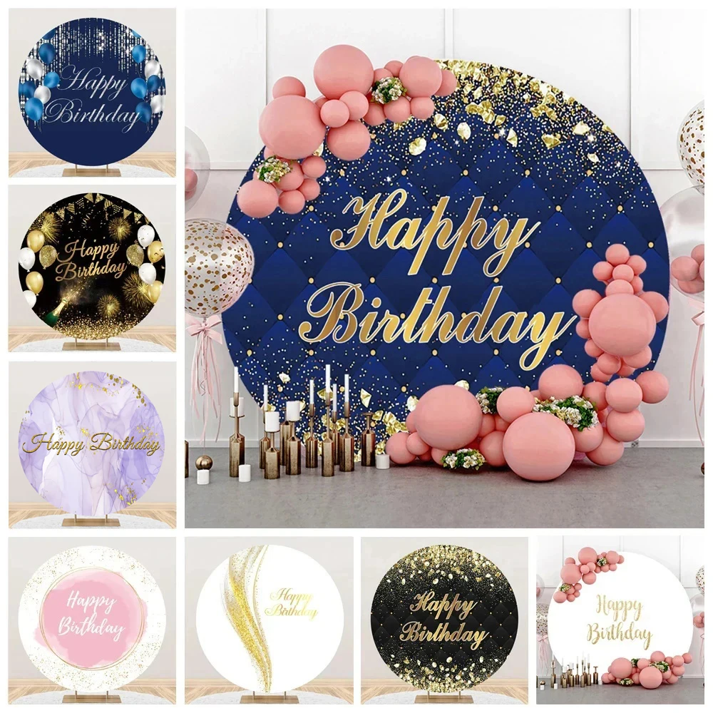 Golden Diamond Happy Birthday Party Blue Headboard Texture Round Photography Background Name Custom Adult Birthday Backdrop