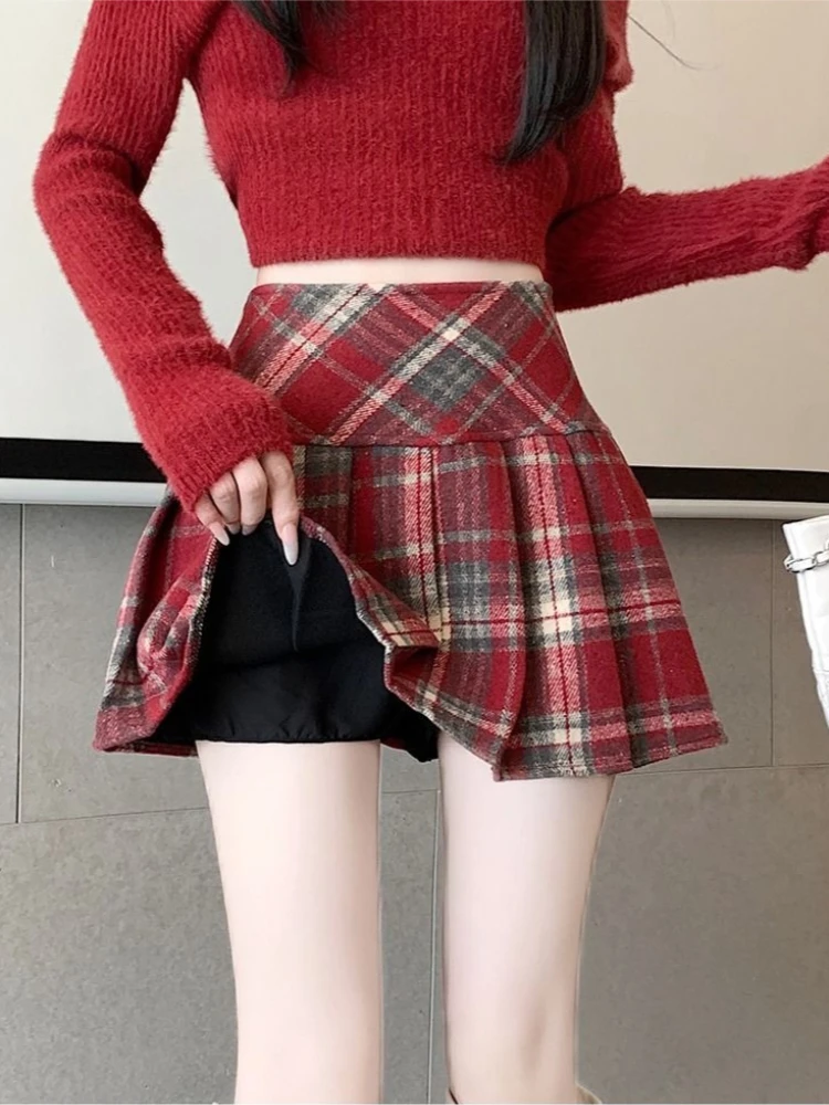 Red Plaid Pleated Skirts Women Autumn Winter College Empire Y2k Sweet Preppy Style Mini Mujer Faldas Lovely Girls Cozy Hotsweet