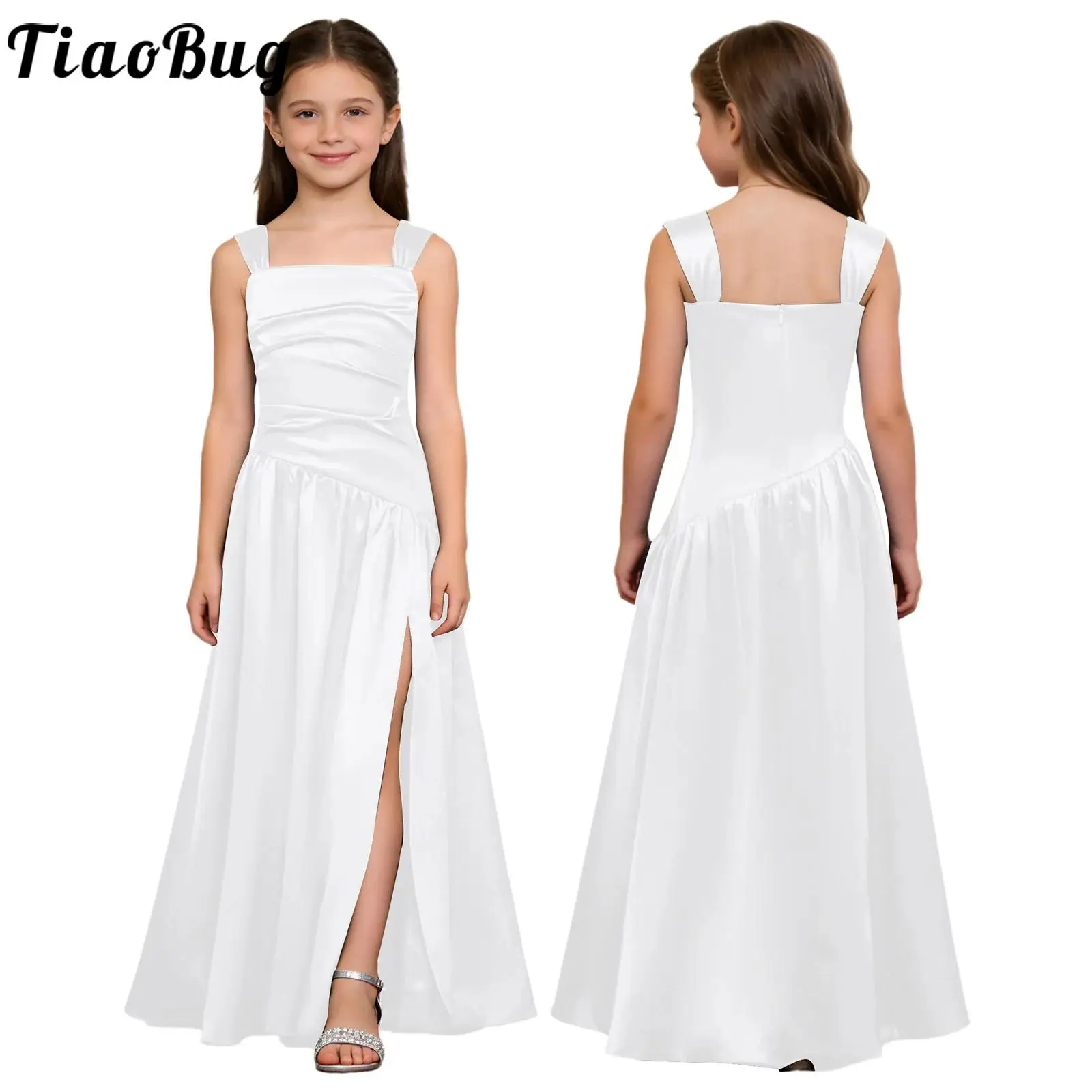 Elegantes Partykleid für Blumenmädchen, ärmellos, gerafftes Oberteil, A-Linie, satiniertes Kleid, Brautjungfernkleid, Hochzeit, Geburtstag, formelle Kleider