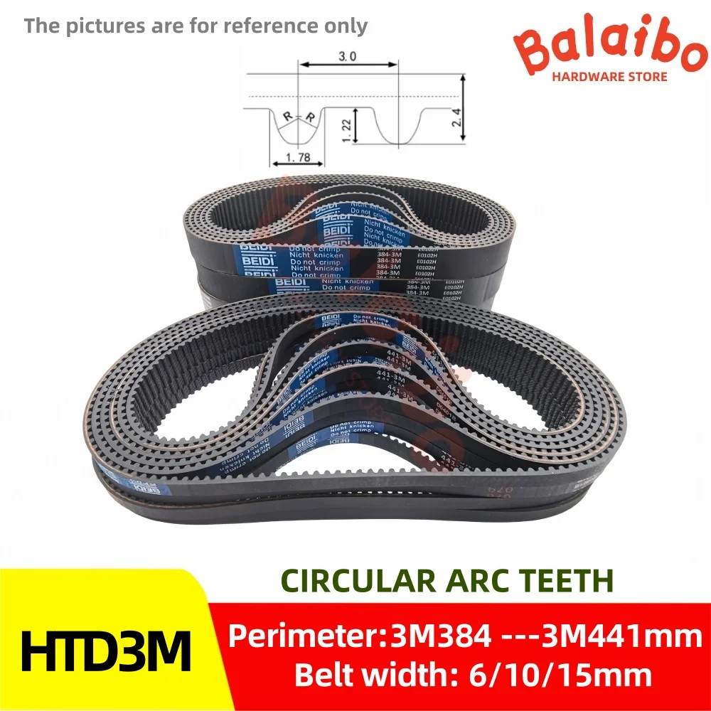 High Torque Rubber HTD3M Timing Belt Perimeter 3M-384/387/390/393/396/402/405/408mm to 3M-441mm Width 6/10/15mm