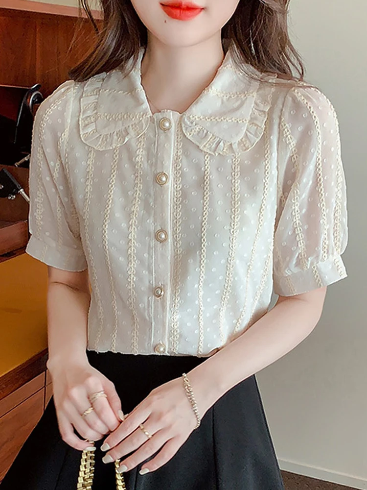 Blusas Mujer De Moda 2023 Verano Short Sleeve Blouse Women Doll Collar Lace Chiffon Blouse Shirt Women Tops Blouses Shirts E688