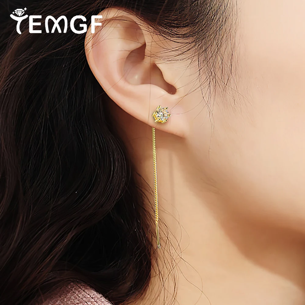 

TEMGF 1 Pair Sparkling Moissanite Stud S925 Sterling Silver Ear Threads Tassel Earrings for Women Classic Simple Fasion Fine
