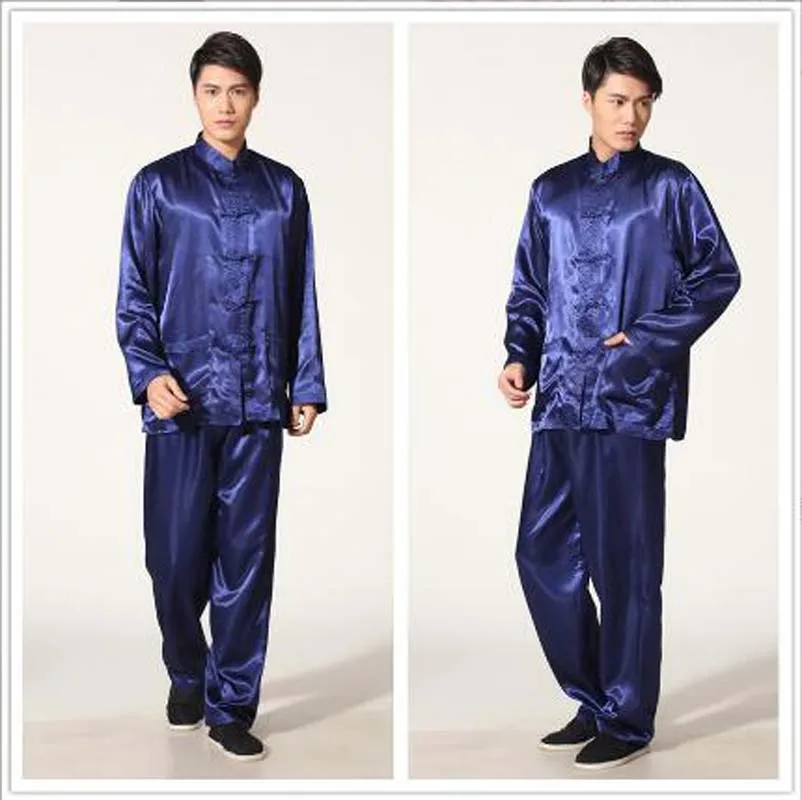 Chinese Traditional Kung Fu Suit Men High Quality Satin Tang Pajamas Casual Home Gown Male Solid Wu Shu Sets Jacket+Long Pants