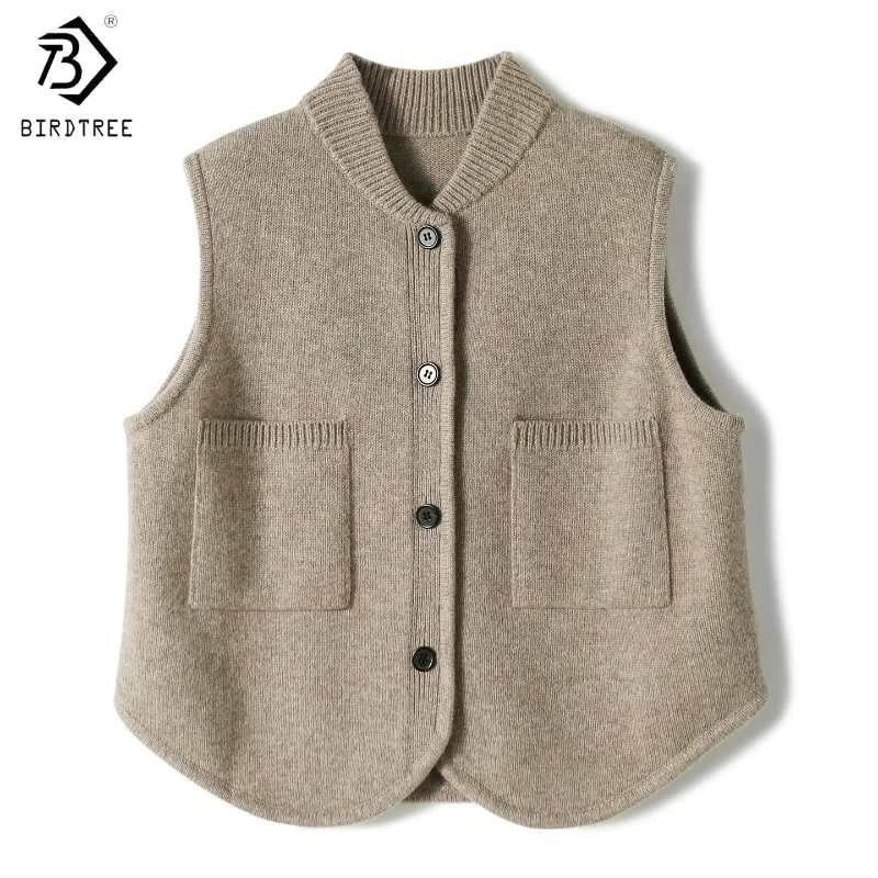 

Birdtree,90% Sheep Wool 10% Cashmere Knitted Vest,Woman Single Breasted Sleeveless Sweater,2025 Autumn/Winter Waistcoat T5O718JF