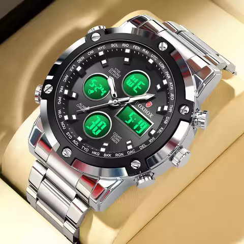 LIGE Three Time Quartz Mens Watch Multifunctional Countdown Steel Strap Wristwatch Clock Digital Watch For Men Relogio Masculino