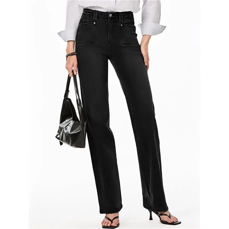 

CYL-Womens Wide Leg Jeans Stretchy High Waisted Trendy Baggy Denim Trousers With Pockets