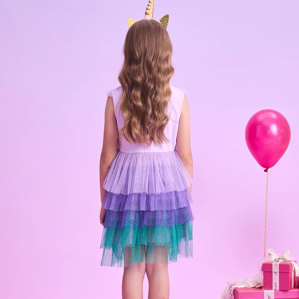 VIKITA Girls Flare Sleeve Summer Dresses Kids Mermaid Sequined Purple Cartoon Layered Tulle Mesh Party Princess Tutu Dress 3-12Y