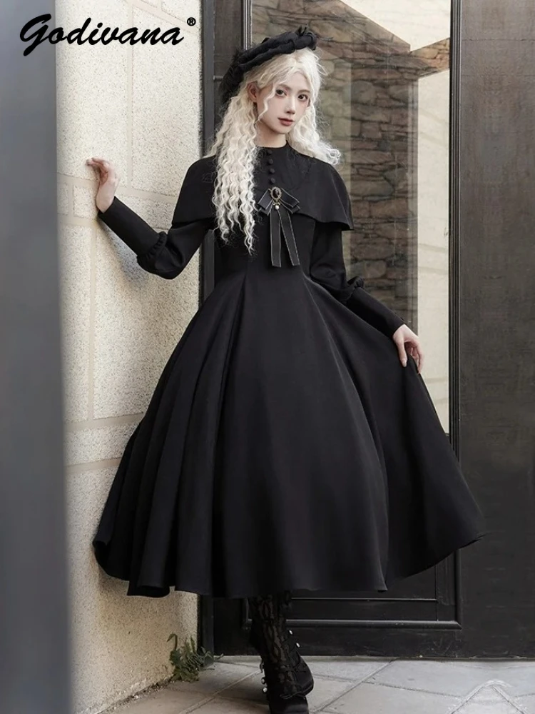 

Original Gothic Elegant Lolita Black Op Dress New Spring and Autumn Ladies Stand Collar Slim Long Sleeve Cape Dress