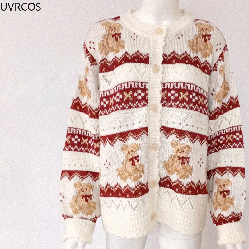 Japanese Kawaii Lolita Knitted Cardigan Women Sweet Cartoon Bear Jacquard Hoollow Out Sweater Autumn Vintage Loose Knitwear Coat