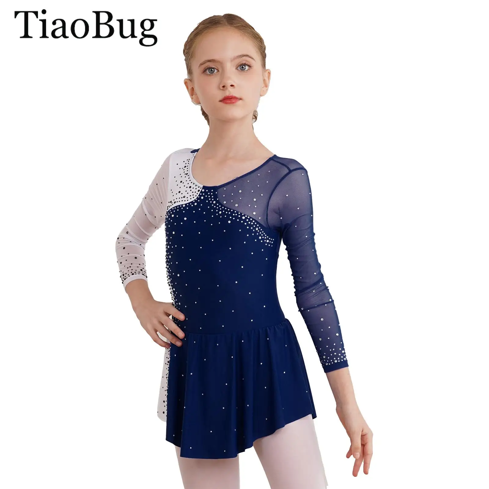 Kids Girls Figure Ice Skating Dress Rhythmic Gymnastics Ballet Dance Leotard Dress Shiny Rhinestones Lyrical Ballerina Dancewear