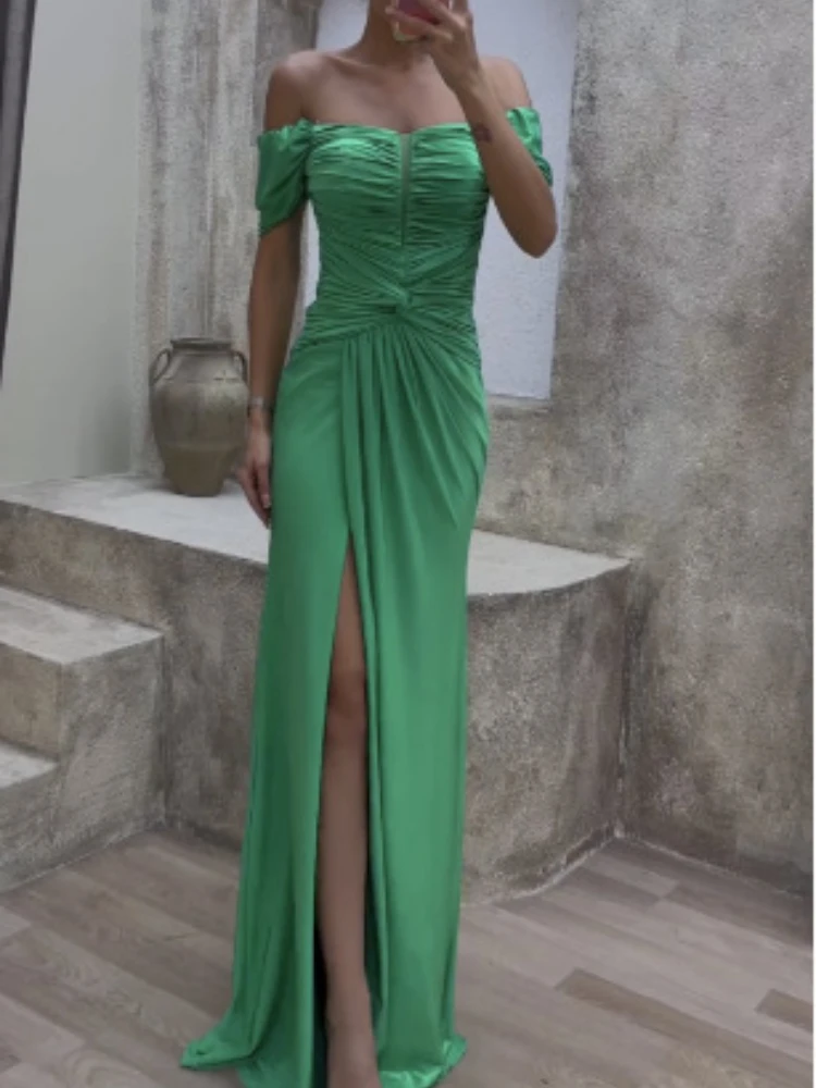 Mikydely  Elegant Off Shoulder Maxi Evening Dress Solid Color High Split Party Dress