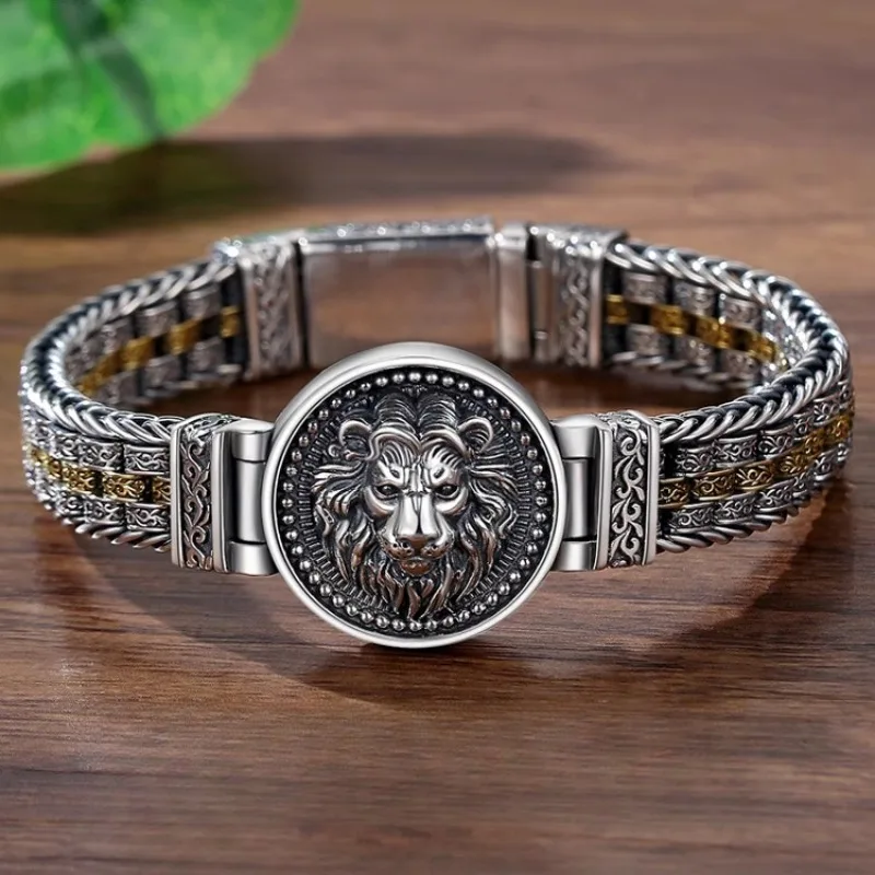 

HX Silver Color Round Lion King Tangcao Bracelet Men's Trendy Retro Domineering Versatile Personalized Braided Women Jewelry