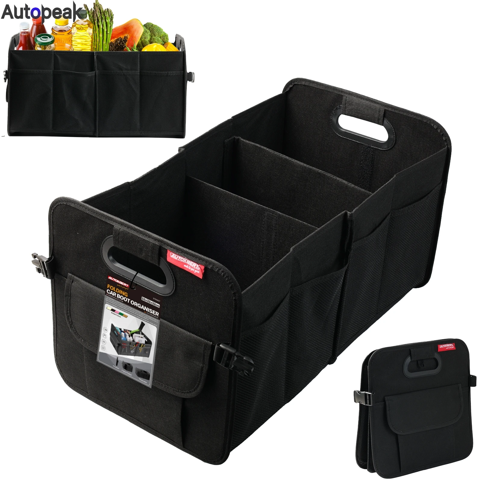 Professional 55L Car Organiser-3 Compartment Foldable Boot  Box,Waterproof Oxford Fabric with Large Front Pocket & Sturdy Handle