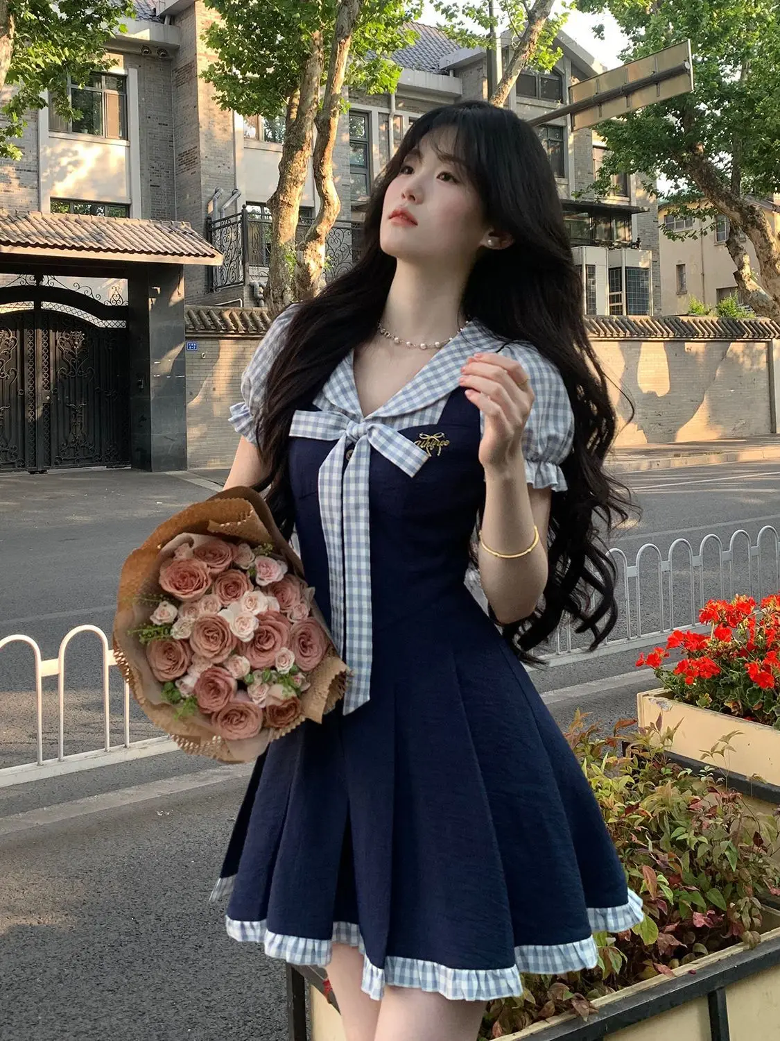 

Japan Korean Preppy Style Sweet Fake Two-Piece Plaid Contrast Dress With Waist Slimming Short Skirt