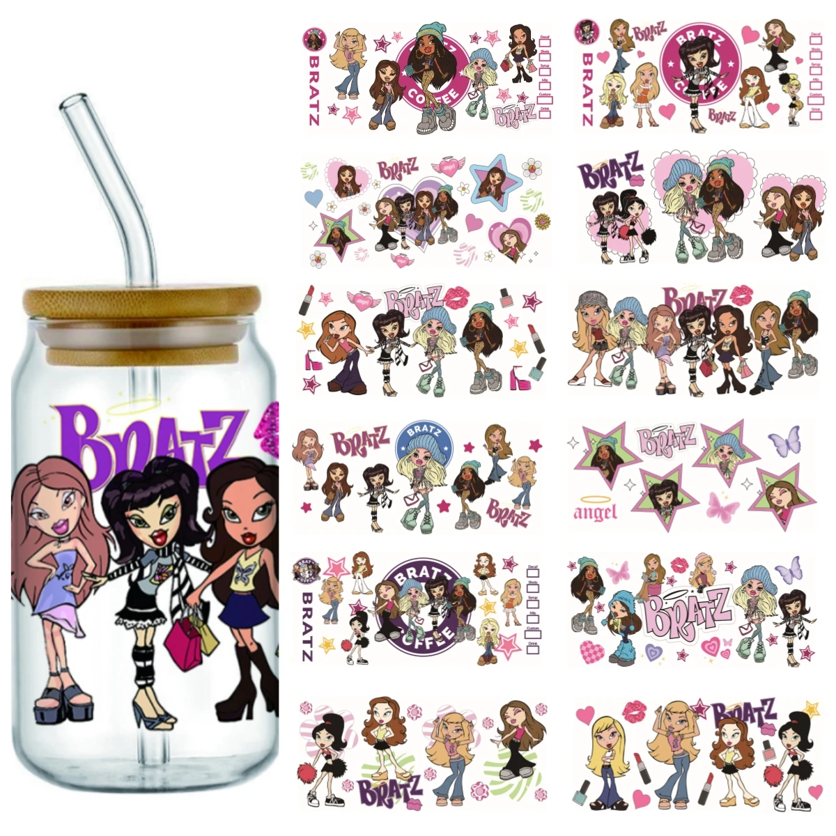 Miniso bratz pattern 16oz uv dtf transfer sticker Libbey Wrap Tumbler DIY Logo Sticker Glass Can Selfadhesive Waterproof