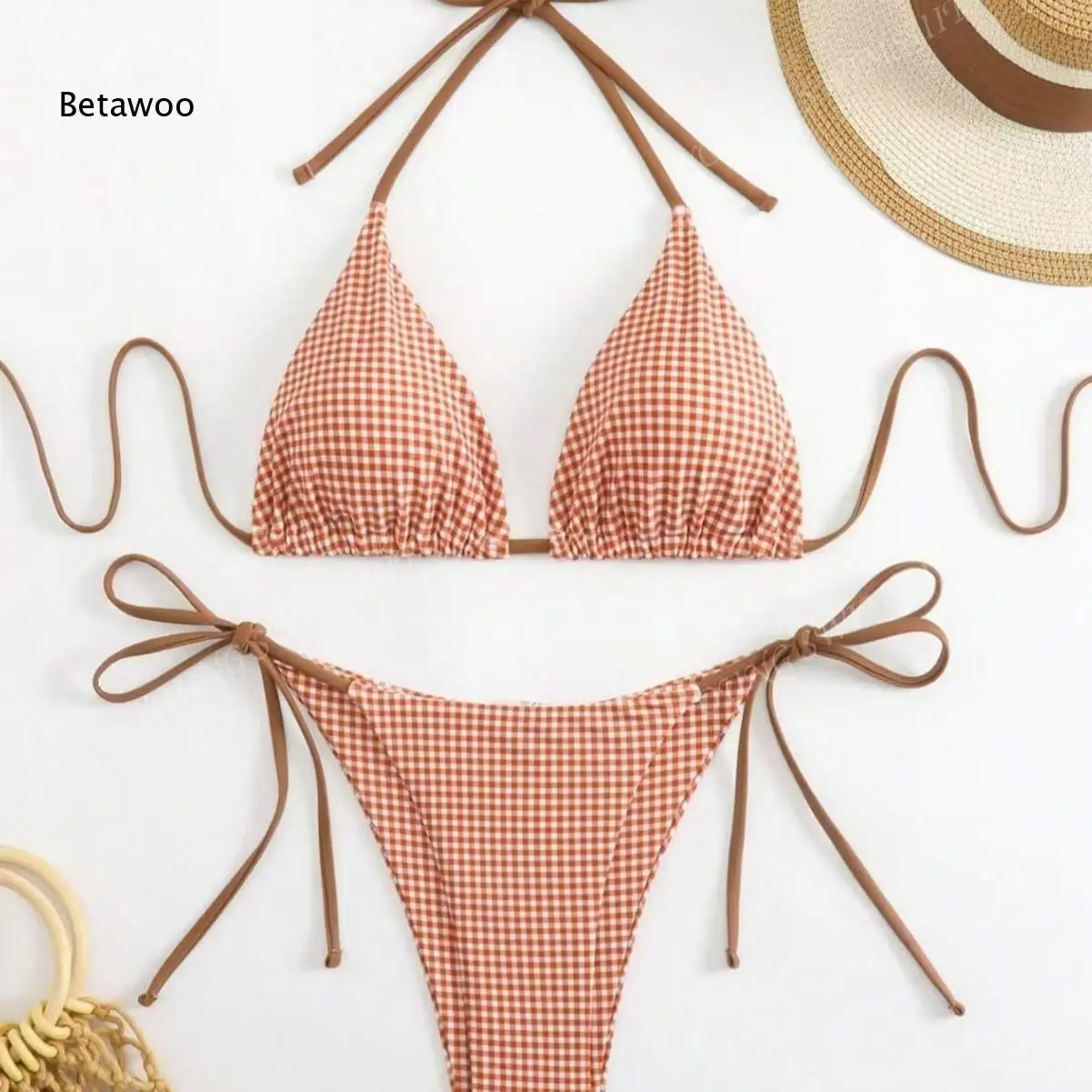 

Women's Gingham Checkered Print Triangle Bikini Set with Adjustable Halter Neck Straps and Tie Side Bottoms Two Piece