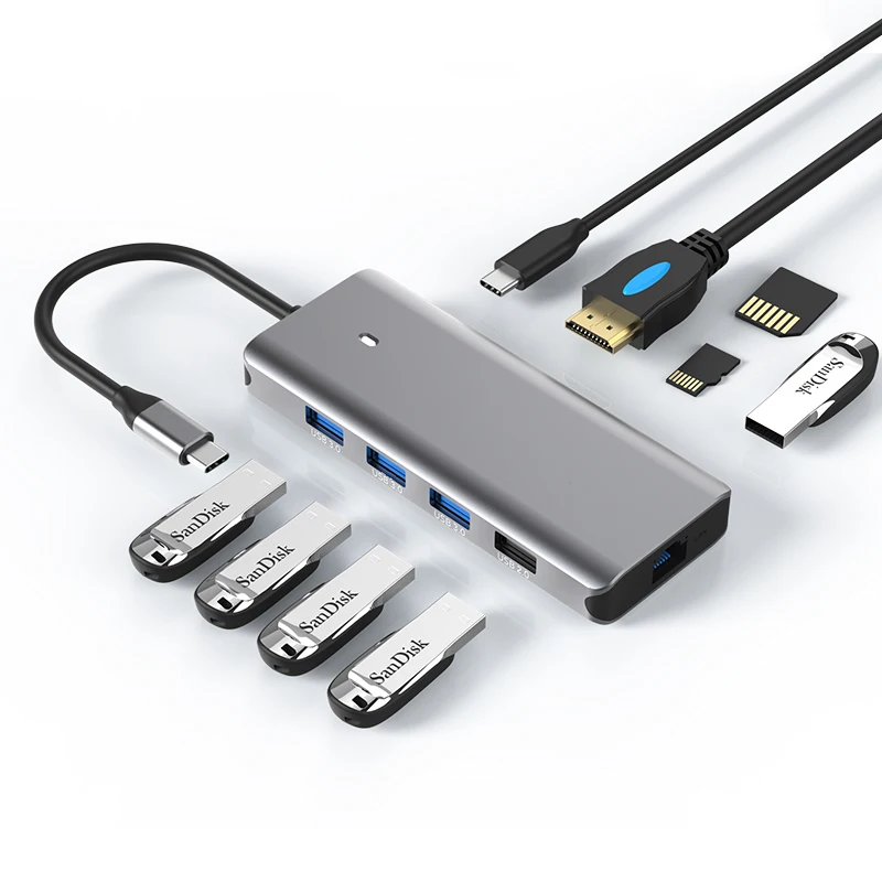

USB Type C Hub Adapter Multi Port Aluminum Charging and Data Transfer 3.0 2.0 10 Ports 10 In 1 USB-C USB Hub with 4K 60Hz HDTV